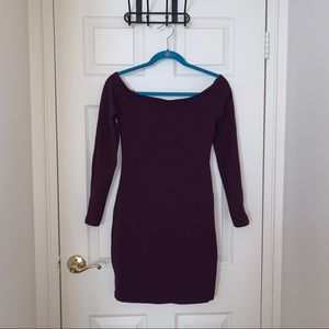 EXPRESS purple long-sleeve off-the-shoulder fitted stretch dress